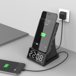 Trådlös snabbladdare - telefonhållare - Bluetooth-högtalare - FM-radio - väckarklocka - LED - USB