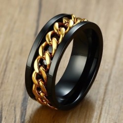 Black ring - with rotatable gold chain - unisex - stainless steelRings