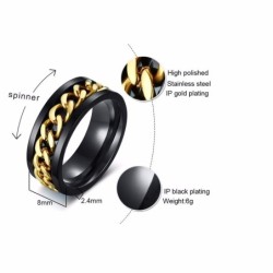 Black ring - with rotatable gold chain - unisex - stainless steelRings
