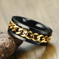 Black ring - with rotatable gold chain - unisex - stainless steelRings