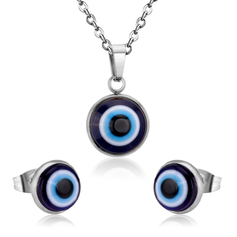 Classical blue eye jewellery set - gold/steel - pendant necklace with earrings