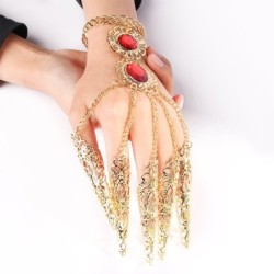 Five finger ring - with chains - gold bracelet - hollow out flowers / red crystalsBracelets