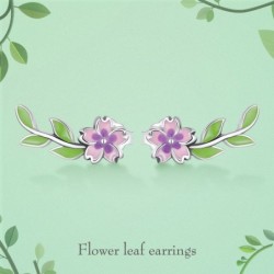 Lila-rosa blomma/grönt blad - eleganta örhängen - 925 sterling silver