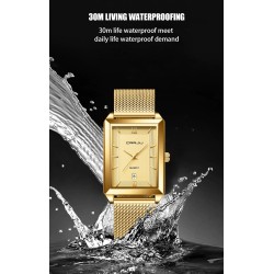 CRRJU - lyxig fyrkantig gyllene klocka - Quartz - rostfritt stål mesh armband - vattentät