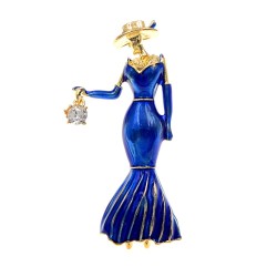 Fashionable brooch - a woman in a blue dress with a crystal handbagBrooches