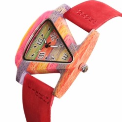 Trendig träklocka - färgglad triangelformad - läderarmband