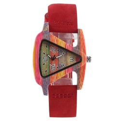 Trendig träklocka - färgglad triangelformad - läderarmband