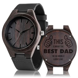 Svart sandelträklocka - läderband - present till pappa - The Best Dad