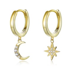 Fashionabla runda guldörhängen - måne / stjärna - 925 sterling silver