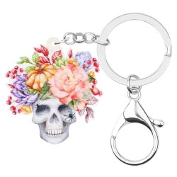 Akryl Halloween skalle med blommor - nyckelring