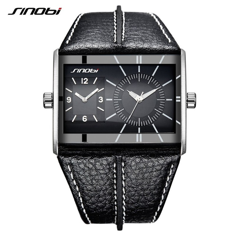 SINOBI - fashionable men's quartz watch - double multiple time zone - leather strapWatches