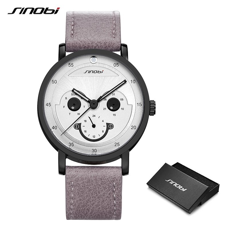 SINOBI - stylish quartz watch - leather strap - smile face designWatches