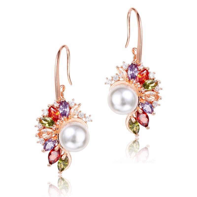 Eleganta guldörhängen - pärla - färgglada cubic zirconia
