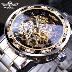 VINNARE - lyxig klocka - mekanisk - lysande - med diamanter - transparent skelettdesign - med låda