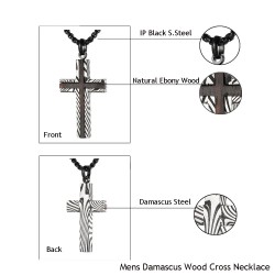 Damaskus stål korshänge - ebenholts - halsband i rostfritt stål