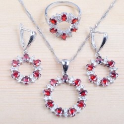 Exklusivt smyckesset - halsband - örhängen - ring - vita och röda zirkoner - 925 sterling silver