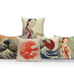Dekorativt kuddfodral - japansk stil - kvinna - havsvågor - soluppgång - berg - 40 cm * 40 cm - 45 cm * 45 cm