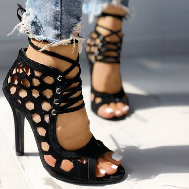 Sexy high heel sandals - lace-up - ankle length - cut-out holesPumps