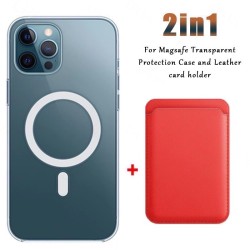Magsafe trådlös laddning - transparent magnetfodral - magnetisk läderkorthållare - för iPhone - röd