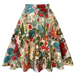 Trendig knälång kjol - vintage A-linje - hög midja - bomull - färgglatt tryck