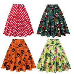 Trendig knälång kjol - vintage A-linje - hög midja - bomull - färgglatt tryck