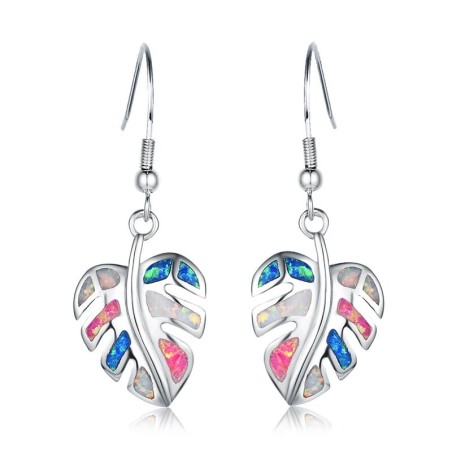 Silver dingla löv örhängen - färgglad kristall opal