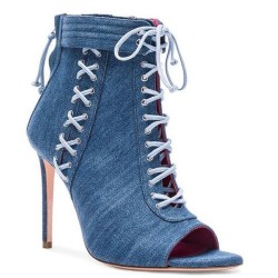 Denim high heel ankle sandals - short blue boots - cross-tied - with zipperHome