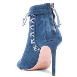 Denim high heel ankle sandals - short blue boots - cross-tied - with zipperHome