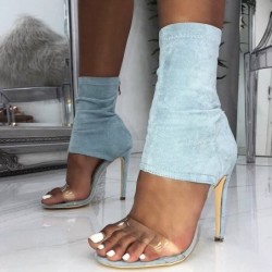 Sexy high heel sandals - with zipper - transparent strap - thin heel - stretch denimSandals