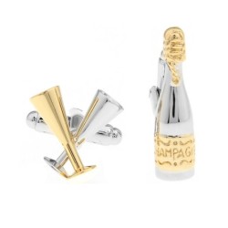 Silver-guld manschettknappar - champagneflaska / champagneglas