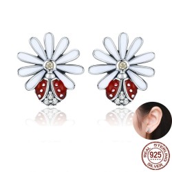 Vita daisy / kristall nyckelpiga örhängen - 925 sterling silver