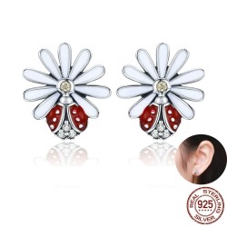 White daisy / crystal ladybug earrings - 925 sterling silver