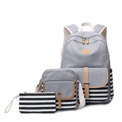 Randig canvas ryggsäck - skolväska - 3 delar set