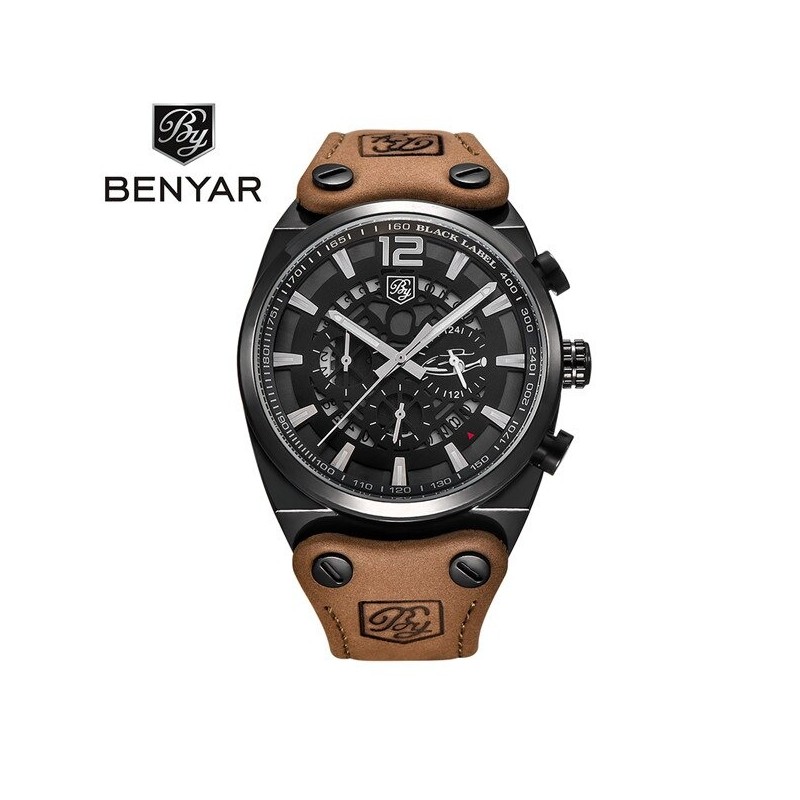 BENYAR - sport Quartz klocka - vattentät - läderband