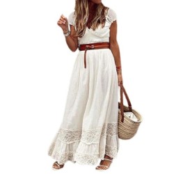 Elegant maxi dress - hollow out embroidery lace - short sleeveDresses