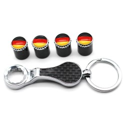 Bilhjulsventiler - metallkapsyler - med skiftnyckel - nyckelring - tysk flagg