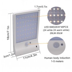 Soldriven vägglampa - vattentät lampa - rörelsesensor - 48 LED