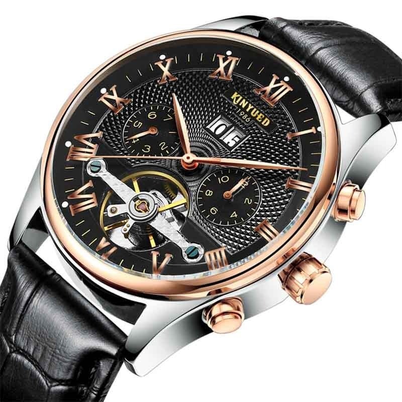 KINYUED - mechanical tourbillon watch - skeleton design - leather strapWatches