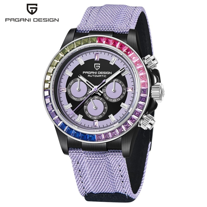 PAGANI DESIGN - mechanical sports watch - chronograph - rainbow bezel - leather strap - purpleWatches