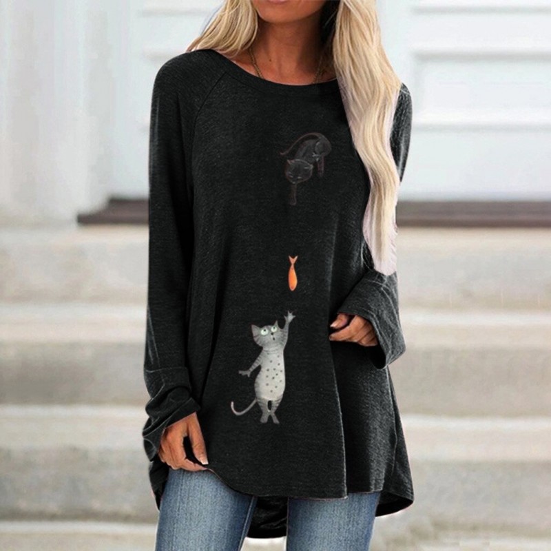 Long sleeve t-shirt - long pullover - two cats / fish printBlouses & shirts