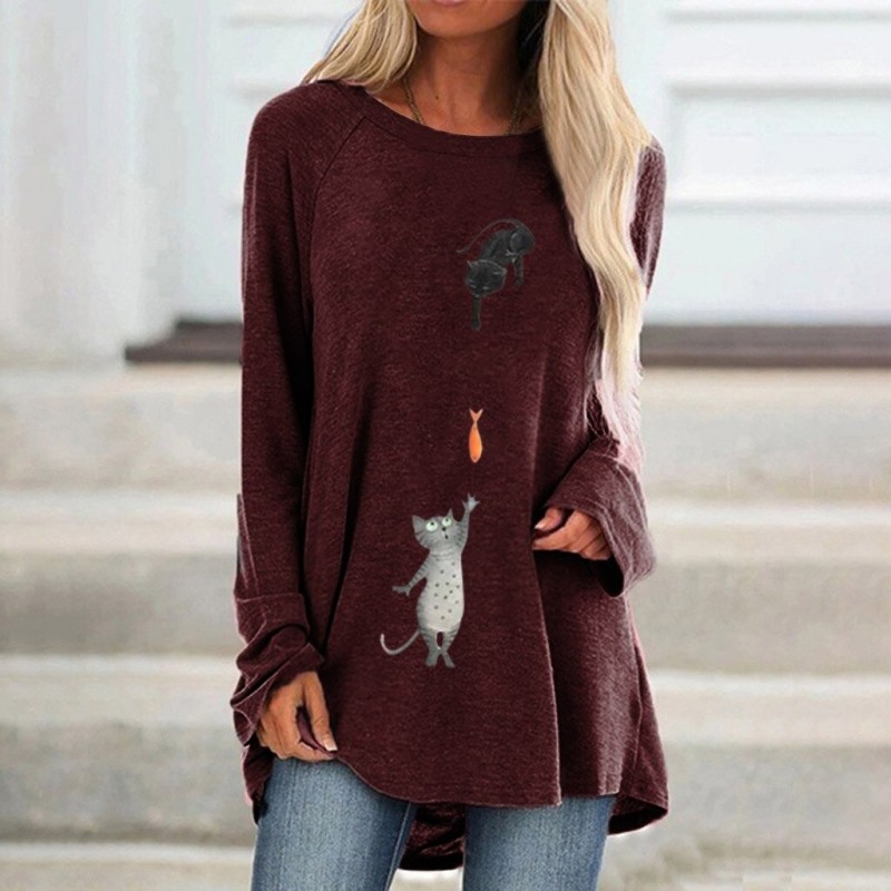 Långärmad t-shirt - lång tröja - två katter / fisktryck Långärmad t-shirt - lång tröja - två katter / fisktryck