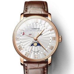LOBINNI - luxury Quartz watch - moon phase - waterproof - leather strap - white / brownWatches