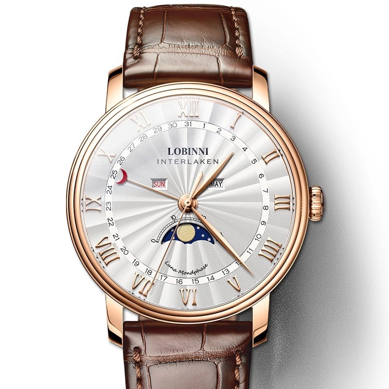 LOBINNI - luxury Quartz watch - moon phase - waterproof - leather strap - white / brownWatches