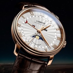 LOBINNI - lyxig Quartz klocka - månfas - vattentät - läderband - vit / brun