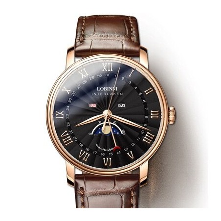 LOBINNI - luxury Quartz watch - moon phase - waterproof - leather strap - black / brownWatches