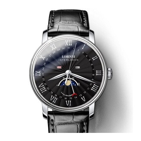 LOBINNI - luxury Quartz watch - moon phase - waterproof - leather strap - blackWatches