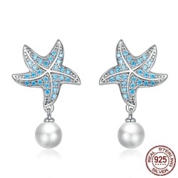 Blå zirkon sjöstjärna örhängen - med pärla - 925 sterling silver