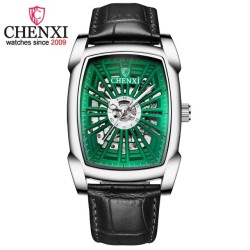 CHENXI - automatic square watch - hollow-carved design - leather strap - silver / greenWatches