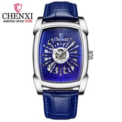 CHENXI - automatic square watch - hollow-carved design - leather strap - silver / blueWatches