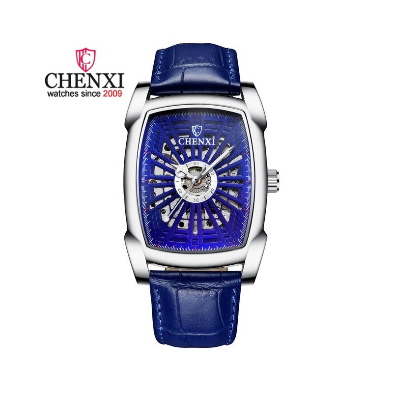 CHENXI - automatic square watch - hollow-carved design - leather strap - silver / blueWatches
